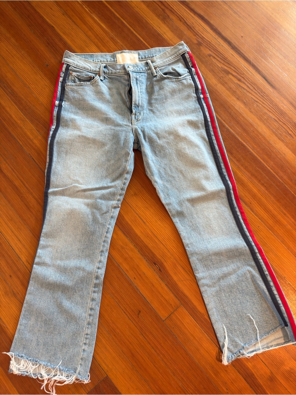 MOTHER Insider Crop Step Fray in Thanks again Racer with Red & Navy Side Stripes